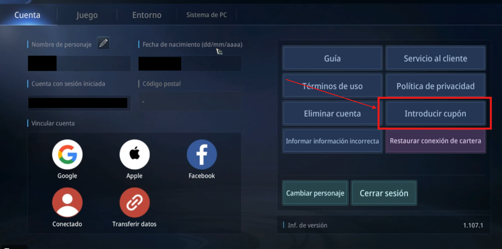 Ubicación de Introducir cupón en el menú Cuenta