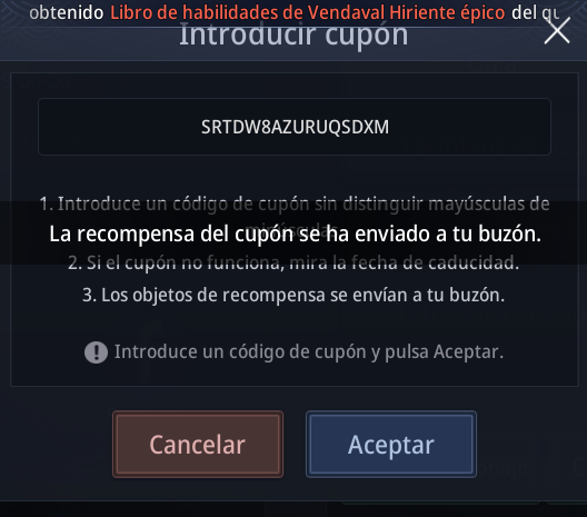 Ventana para introducir y confirmar el cupón